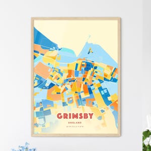 Carte artistique de couleurs côtières de Grimsby en Angleterre, carte de la ville de Grimsby en Angleterre - impression poster personnalisable ou téléchargement numérique