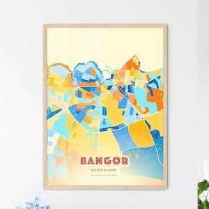 Carte artistique couleurs côtières de Bangor en Irlande du Nord, carte de la ville de Bangor Nordirland - affiche personnalisable ou téléchargement numérique