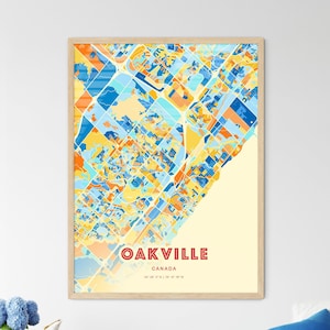 Carte artistique couleurs côtières d'Oakville Canada, carte de la ville d'Oakville Canada - impression poster personnalisable, cadre ou aluminium dibond