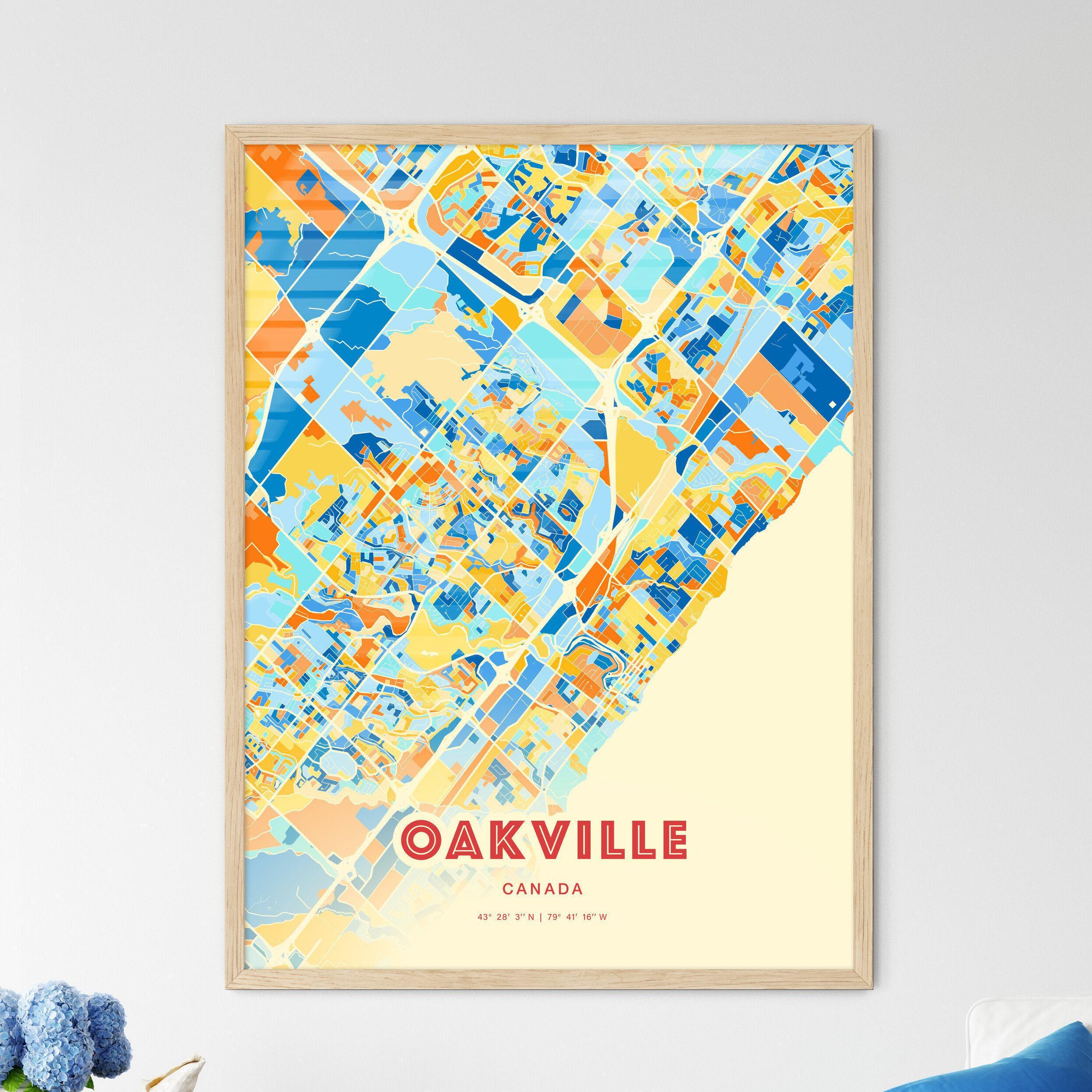 Mapa de la ciudad de Oakville, mapa de la ciudad canadiense, regalos de Oakville, póster costero a color, impresión de arte mural personalizada, decoración moderna para el hogar, regalo de cumpleaños