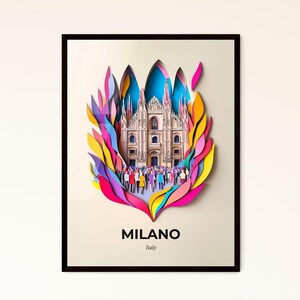 Vivid Milan, Italy - a paper cut of a cathedral with people standing in front of it – Fine Art Print, Customizable