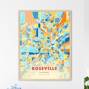 Mapa de arte com cores costeiras de Roseville, Califórnia, mapa da cidade de Roseville, EUA - pôster personalizável, impressão ou download digital