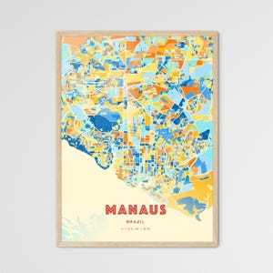 Carte artistique couleurs côtières de Manaus Brésil, carte de la ville de Manaus Brésil - affiche personnalisable ou téléchargement numérique