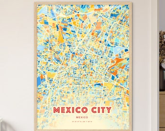 Colorful MEXICO CITY Blue Orange Fine Art Print, Mexico City City Map, a perfect gift.