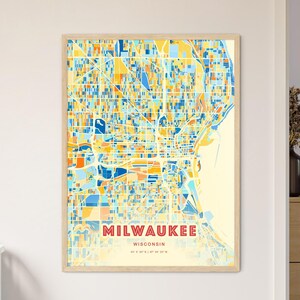 Mapa artístico de la costa de Milwaukee, Wisconsin, con colores, mapa de la ciudad de Milwaukee, EE. UU. - Impresión de póster personalizable, enmarcada o en dibond de aluminio