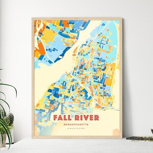 Mappa artistica dei colori costieri di Fall River, Massachusetts, poster creativo bicolore della città natale di Fall River, Stati Uniti, disponibile anche come download digitale