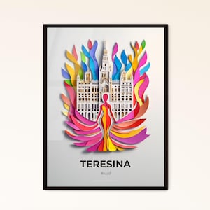 Vivid Teresina, Brasilien - farbenfroher Scherenschnitt – Frau im Kleid – Fine Art Print, individualisierbar