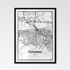 Tijuana, México - Mapa de la ciudad de estilo escandinavo para decoración moderna del hogar - Póster en blanco y negro