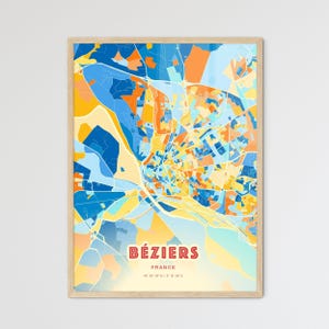Carte artistique couleurs de la côte de Béziers France, carte de la ville de Béziers France - impression poster personnalisable ou téléchargement numérique