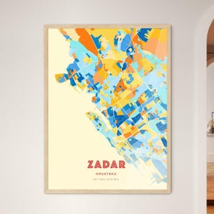 Carte artistique de couleurs côtières de Zadar, Croatie, plan de la ville de Zadar Hrvatska - impression poster personnalisable ou téléchargement numérique