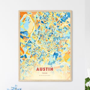 Mapa de arte com cores costeiras de Austin, Texas, mapa da cidade de Austin, EUA - pôster personalizável, impressão ou download digital