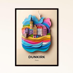 Lebendiges Dünchen, Frankreich - Scherenschnitt einer Stadt, über die ein Vogel fliegt – Fine Art Print, individualisierbar