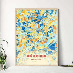 Carte artistique de Munich Allemagne couleurs côtières, carte de la ville de München Deutschland - impression poster personnalisable ou téléchargement numérique