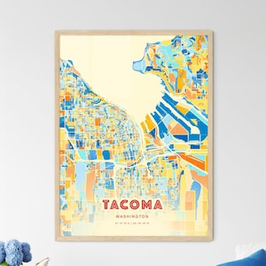 Tacoma Washington Küstenfarben Kunst Karte, Tacoma USA Stadt Karte - Personalisierbarer Posterdruck, gerahmt oder Aluminium-Dibond