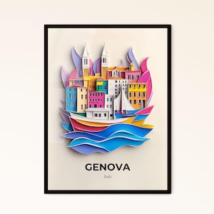 Vivid Genoa, Italia - un ritaglio di carta raffigurante una barca in acqua - Stampa Fine Art, personalizzabile
