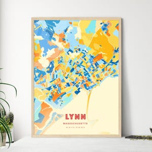 Mappa artistica dei colori costieri di Lynn, Massachusetts, poster creativo della città natale di Lynn, Stati Uniti, bicolore, anche come download digitale