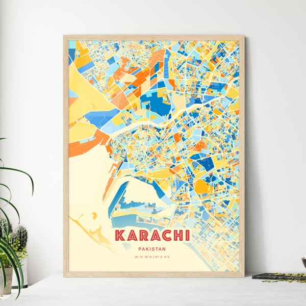 Colorful KARACHI PAKISTAN Blue Orange Fine Art Print, Karachi Pakistan City Map, a perfect gift.