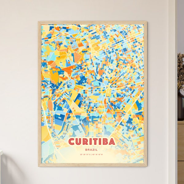 Colorful CURITIBA BRAZIL Blue Orange Fine Art Print, Curitiba Brazil City Map, a perfect gift.