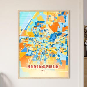 Mapa artístico de colores costeros de Springfield, Ohio. Mapa de la ciudad de Springfield, Estados Unidos. Impresión de póster personalizable, enmarcada o en dibond de aluminio.