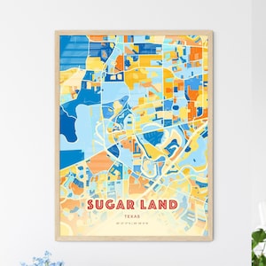 Carte artistique de couleurs côtières de Sugar Land au Texas, affiche de ville natale créative bicolore de Sugar Land Usa, également en téléchargement numérique