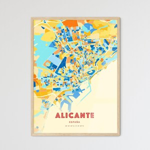 Carte artistique couleurs côtières d'Alicante Espagne, carte de la ville d'Alicante Espagne - impression poster personnalisable ou téléchargement numérique