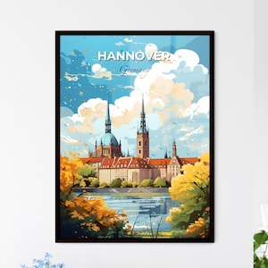 Horizonte de Hannover, Alemania: un edificio con torres y árboles junto al agua – Colección Travel Skylines / Personalizable
