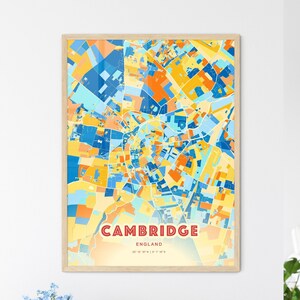 Carte artistique de couleurs côtières de Cambridge en Angleterre, carte de la ville de Cambridge en Angleterre - impression affiche personnalisable ou téléchargement numérique