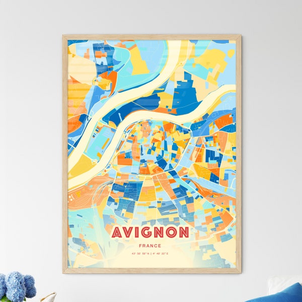 Colorful AVIGNON FRANCE Blue Orange Fine Art Print, Avignon France City Map, a perfect gift.