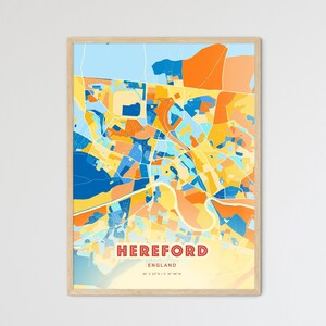 Carte artistique de couleurs côtières de Hereford, Angleterre, carte de la ville de Hereford, Angleterre - affiche personnalisable ou téléchargement numérique