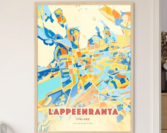 Colorful LAPPEENRANTA FINLAND Blue Orange Fine Art Print Lappeenranta Finland City Map, a perfect gift.