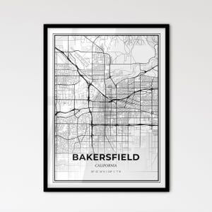 Bakersfield Kalifornien - Stadtplan im Skandinavischen Stil für modernes Wohndekor - schwarz weiß Poster