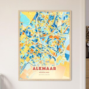 Carte artistique couleurs côtières d'Alkmaar, Pays-Bas, carte de la ville d'Alkmaar, Pays-Bas, impression poster personnalisable ou téléchargement numérique