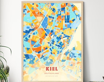 Farbenfroher KIEL Kunstdruck, KIEL Deutschland Karte, ein perfektes Geschenk.