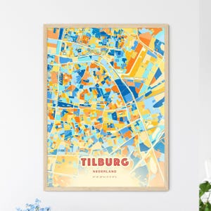 Carte artistique de couleurs côtières de Tilburg, Pays-Bas, carte de la ville de Tilburg, Pays-Bas, impression poster personnalisable ou téléchargement numérique