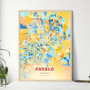 Carte artistique de couleurs côtières de Pueblo, Colorado, affiche de ville natale créative bicolore de Pueblo Usa, également en téléchargement numérique