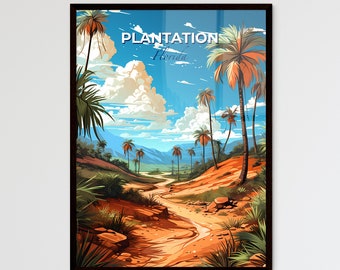 Plantation, Florida, A Poster of a dirt road through a desert with palm trees. Customisable travel art print, a memorable gift.