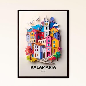 Vivid Kalamaria, Grecia - ritaglio di carta di una città con una torre dell'orologio - Stampa Fine Art, personalizzabile