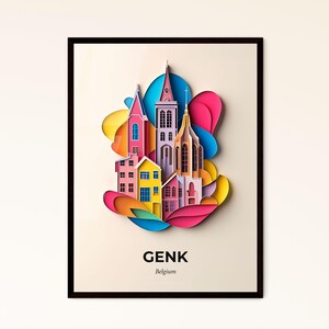 Vivid Genk, Belgien - Scherenschnitt einer Kirche mit einem Regenbogen Strudel – Fine Art Print, personalisierbar