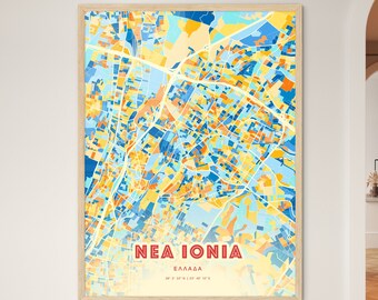 Colorful NEA IONIA GREECE Blue Orange Fine Art Print Νεα Ιονια Ελλαδα City Map, a perfect gift.