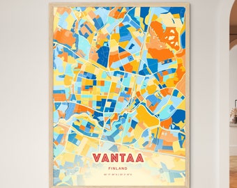 Colorful VANTAA FINLAND Blue Orange Fine Art Print Vantaa Finland City Map, a perfect gift.