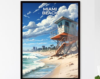 Miami Beach, Florida, A Poster of a lifeguard tower on a beach. Customisable travel art print, a memorable gift.