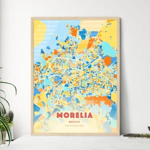 Carte artistique couleurs côtières de Morelia, Mexique Carte de la ville de Morelia, Mexique - affiche personnalisable ou téléchargement numérique