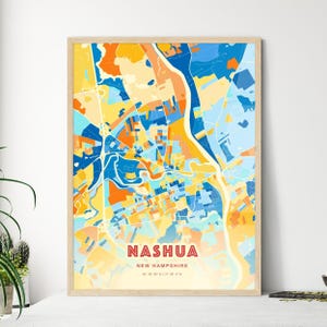 Nashua New Hampshire Küstenfarben Kunstkarte, Nashua USA zweifarbige kreative Heimatstadt Stadt Poster, gerahmt oder Aluminium-Dibond