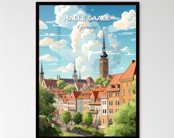 A Poster of Halle Saale Germany Skyline - A City With Many Buildings And Trees  - Customizable Travel Gift, Travel Art