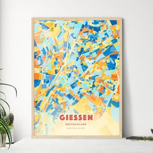 Carte artistique de couleurs côtières de Giessen en Allemagne, carte de la ville de Giessen en Allemagne - impression poster personnalisable ou téléchargement numérique