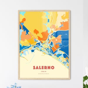 Mapa artístico de la costa de Salerno, Italia, con colores, mapa de la ciudad de Salerno, Italia: impresión de póster personalizable, enmarcada o en dibond de aluminio.
