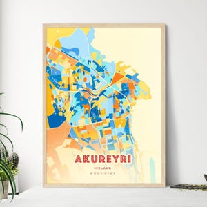 Carte d'art de couleurs côtières d'Islande d'Akureyri, carte de la ville d'Islande d'Akureyri - impression poster personnalisable ou téléchargement numérique