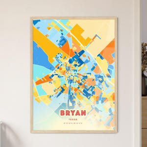 Carte artistique de couleurs côtières de Bryan Texas, affiche créative bicolore de ville natale de Bryan Usa, également en téléchargement numérique