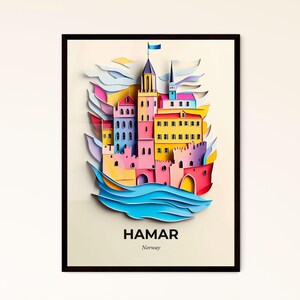 Vivid Hamar, Norwegen - Scherenschnitt von einer Burg am Strand – Fine Art Print, individualisierbar