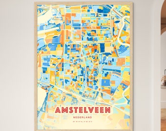 Kleurrijke AMSTELVEEN NEDERLAND Blauw Oranje Fine Art Print Amstelveen Nederland Stadsplattegrond, een perfect cadeau.